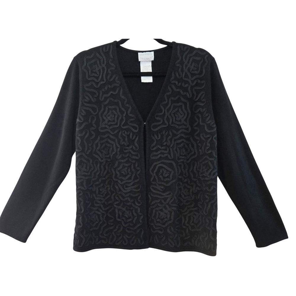 Designers Originals Chic Black Soutache Embroidered Cardigan Sweater Luxelon XL